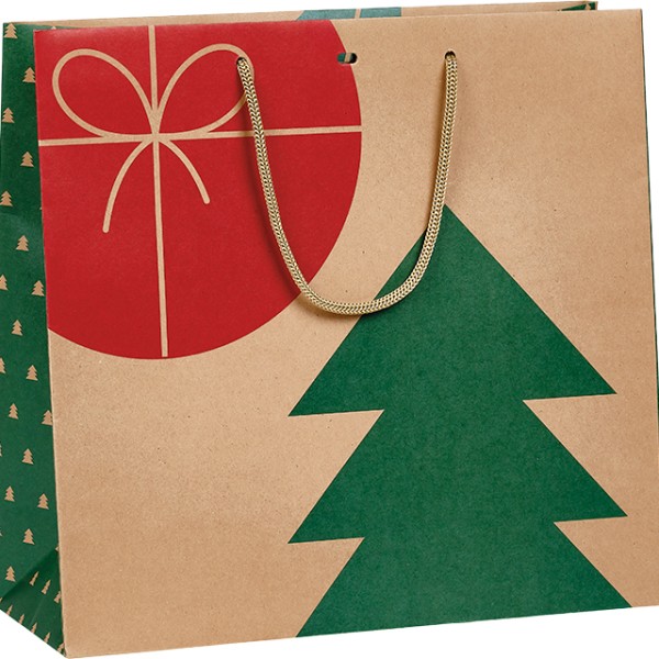Bolsa papel kraft NAVIDAD NATURAL kraft/rojo/verde asas cordón ojal