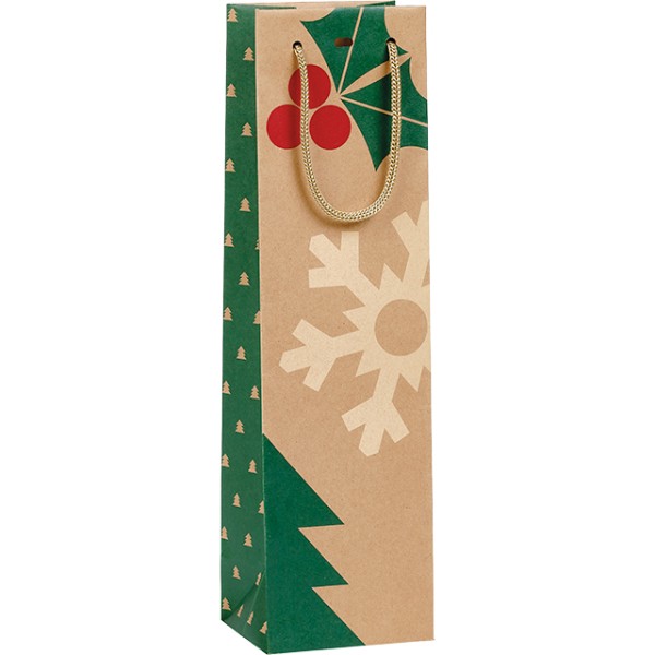 Sac papier kraft 1 bouteille NOEL NATURE kraft/rouge/vert poignées corde/oeillet de fermeture