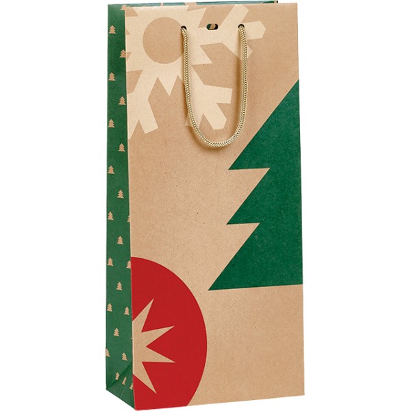 Sac papier kraft 2 bouteilles NOEL NATURE kraft/rouge/vert poignées corde/oeillet de fermeture/intercalaire