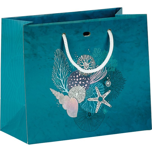 Bag paper IRIDESCENT DEPTHS blue/green/pink/silver rope handles/eyelet
