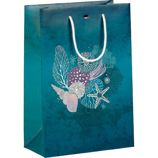 Saco papel ABISMOS IRISADOS azul/verde/rosa/prata alças corda /ilhó