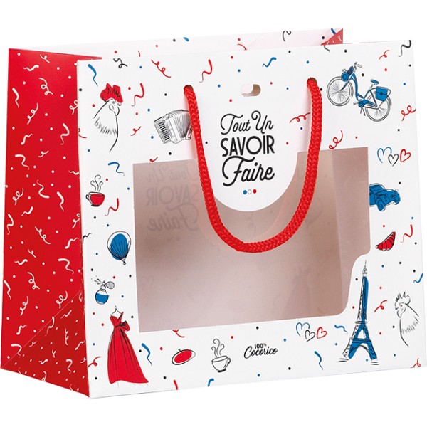 Saco papel TODO UM SABER FAZER azul/branco/vermelho janela PET alças corda /ilhó