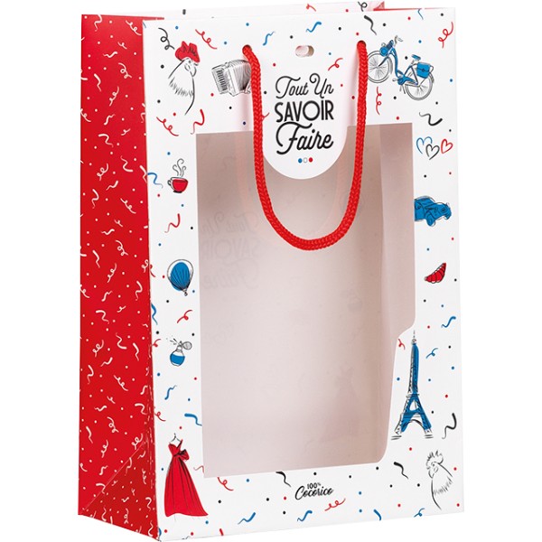 Sac papier TOUT UN SAVOIR-FAIRE bleu/blanc/rouge fenêtre PET poignées corde/oeillet de fermeture