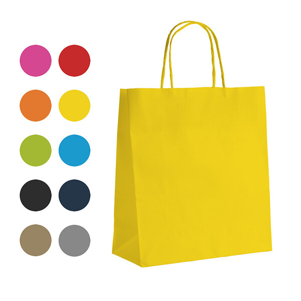 Sac papier kraft lisse jaune 90g soufflets latéraux poignées torsadées colorées - Lot de 100 pièces