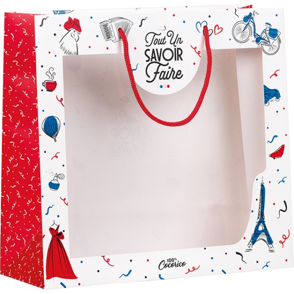 Bag paper A KNOW-HOW blue/white/red PET window rope handles/eyelet