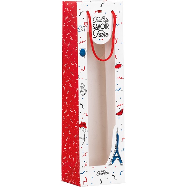 Sac papier 1 bouteille TOUT UN SAVOIR-FAIRE bleu/blanc/rouge fenêtre PET poignées corde/oeillet de fermeture