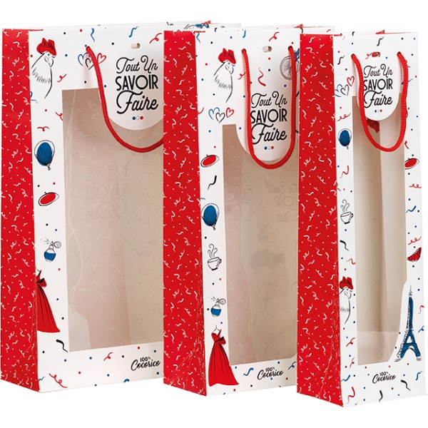 Sac papier 1 bouteille TOUT UN SAVOIR-FAIRE bleu/blanc/rouge fenêtre PET poignées corde/oeillet de fermeture