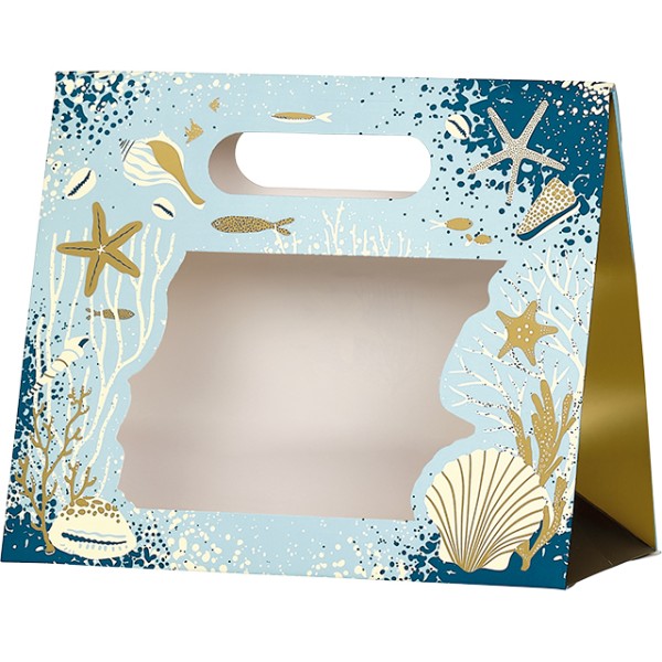 Sac papier pochette ECUME DES MERS bleu/or fenêtre PET fermeture adhésive
