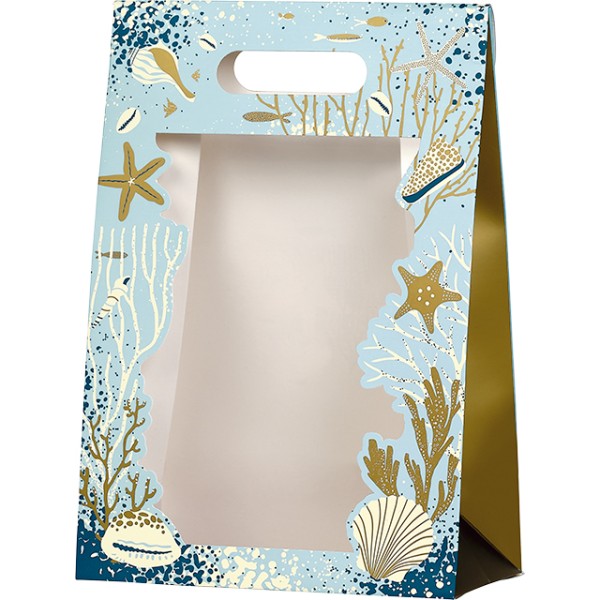 Saco papel envelope ESPUMAS DOS MARES azul/ouro janela PET fecho adesivo