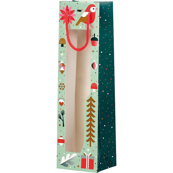 Bolsa papel 1 botella JARDÍN DE INVIERNO verde/blanco/rojo/rosa/cobre ventana PET asas cordón ojal