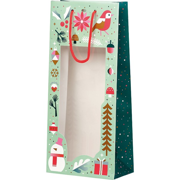 Saco papel 2 garrafas JARDIM DE INVERNO verde/branco/vermelho/rosa/cobre janela PET alças corda /ilhó separador