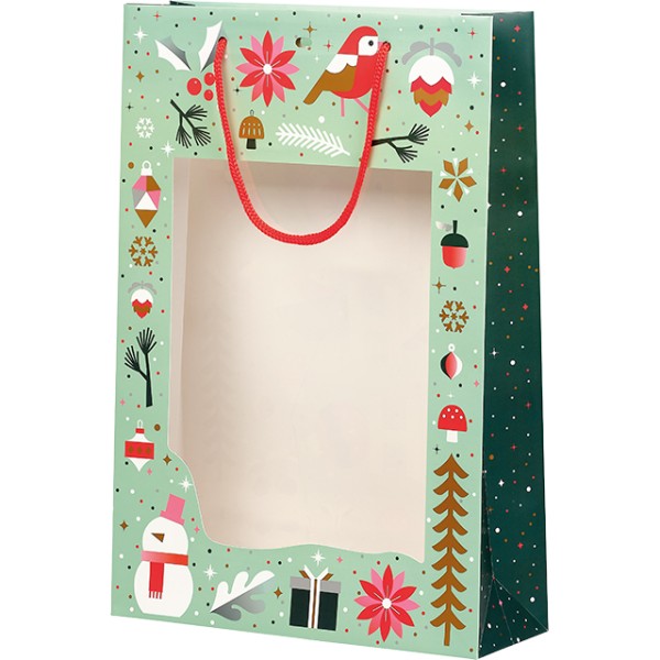 Saco papel 3 garrafas JARDIM DE INVERNO verde/branco/vermelho/rosa/cobre janela PET alças corda /ilhó separador