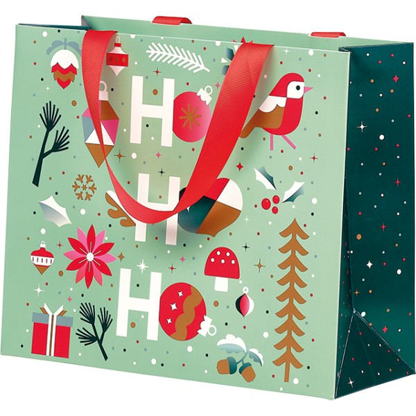 Bag paper WINTER GARDEN green/white/red/pink/copper ribbon handles