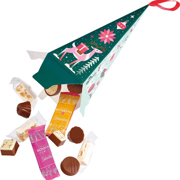 Cone paper WINTER GARDEN green/white/red/pink/copper satin ribbon red