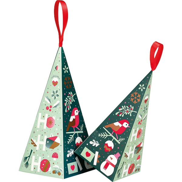Pyramide papier JARDIN D'HIVER vert/blanc/rouge/rose/cuivre ruban satin rouge