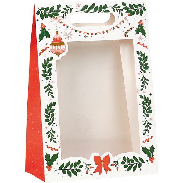 Bag paper foldover CHRISTMAS ANTICIPATION green/red/pink/gold hot foil stamping PET window adhesive closure