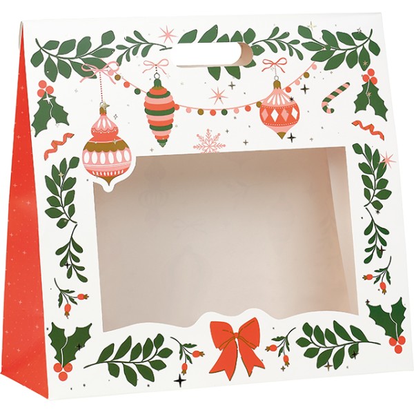 Sac papier pochette VIVEMENT NOEL vert/rouge/rose/dorure à chaud or fenêtre PET/fermeture adhésive