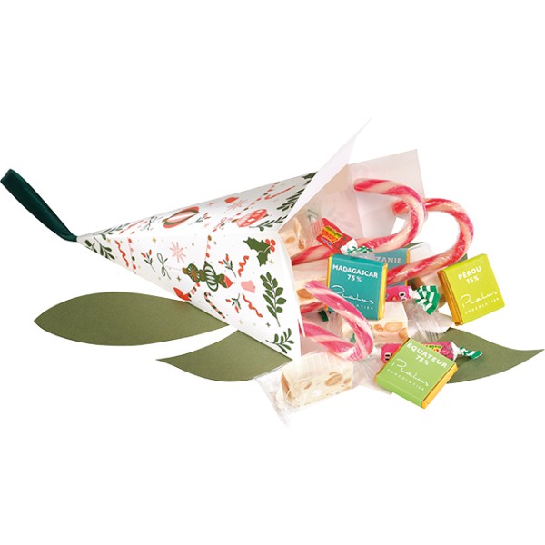 Pirámide papel ¡MUY PRONTO SERÁ NAVIDAD! verde/rojo/rosa dorado estampación caliente cinta satén verde