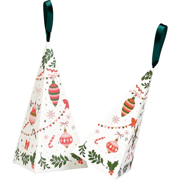 Pirâmide papel VIVA O NATAL verde/vermelho/rosa/dourado estampagem quente ouro fita cetim verde