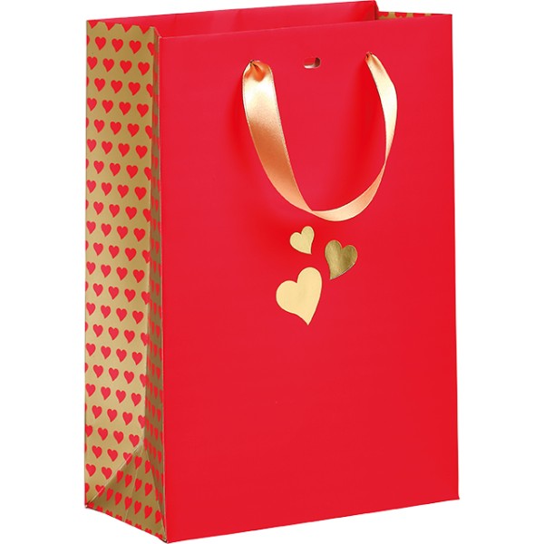 Sac papier CŒURS FONDANTS rouge/dorure à chaud or poignées ruban/oeillet de fermeture