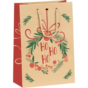 Bolsa papel kraft SINFONÍA kraft/rojo/verde asas cordón ojal