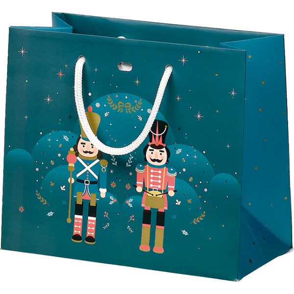 Sac papier NOEL FEERIQUE bleu/rouge/dorure à chaud or poignées corde/oeillet de fermeture