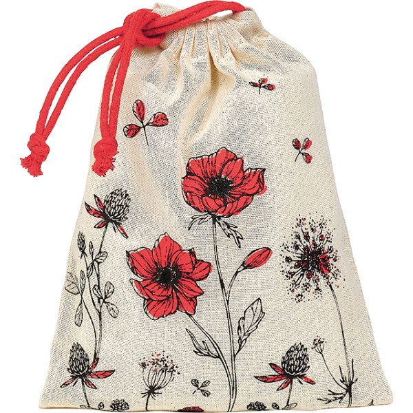 Pouch bag cotton COUNTRYSIDE AWAKENING natural/red rope closure