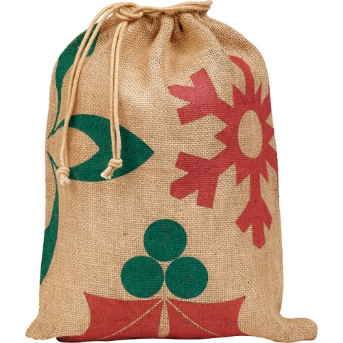 Pouch bag burlap NATURAL CHRISTMAS red/green...