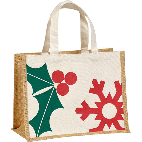 Bolsa yute/algodón rectangular NAVIDAD NATURAL rojo/verde asas algodón