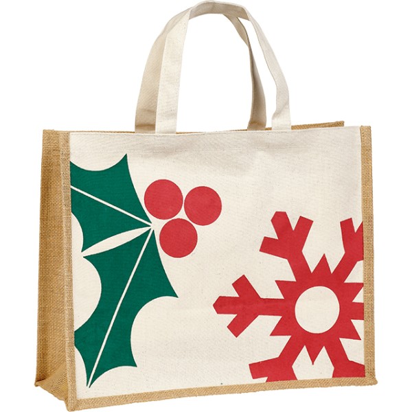 Bag burlap/cotton rectangular NATURAL CHRISTMAS red/green handles cotton