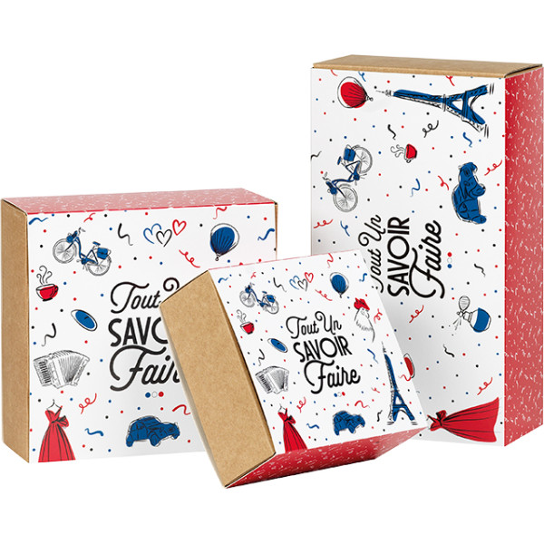 Caja cartón kraft rectangular funda TODO UN SABER HACER azul/blanco/rojo entrega plana dimensiones interiores