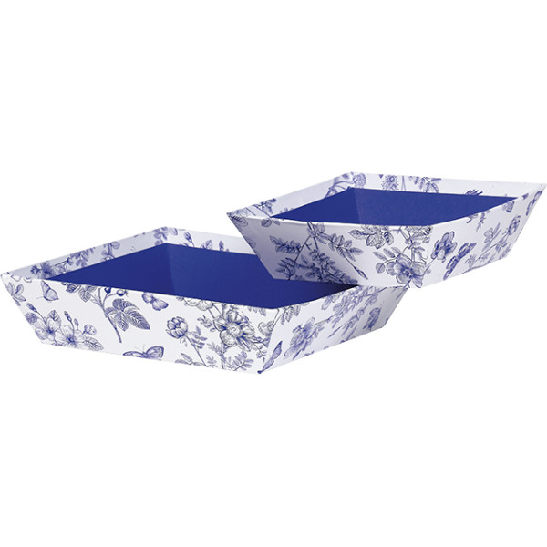 Bandeja cartão quadrada TECIDO DE JOUY branco/azul entrega plana (dimensões bandeja montada)