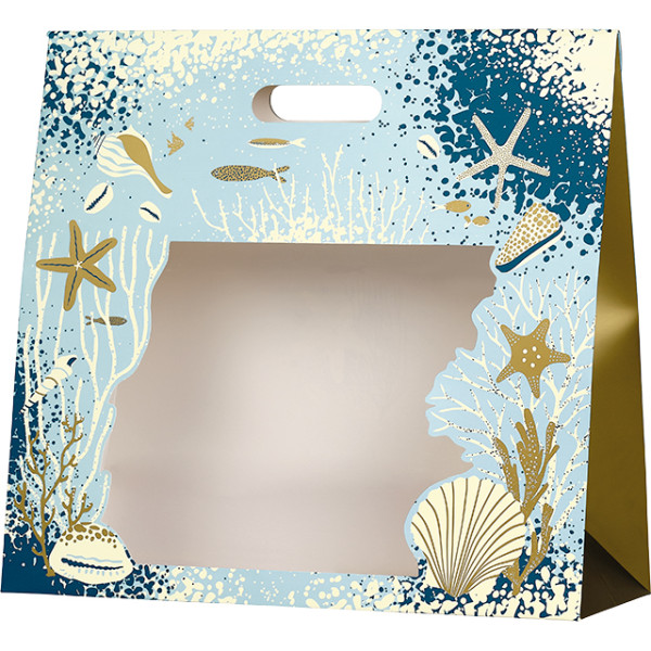 Sac papier pochette ECUME DES MERS bleu/or fenêtre PET fermeture adhésive
