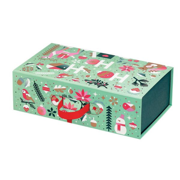 Box cardboard rect. WINTER GARDEN green/white/red/pink/copper ribbon handle magnetic close deliv. flat