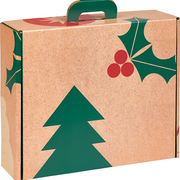 Suitcase cardboard kraft rect NATURAL CHRISTMAS kraft/red/green