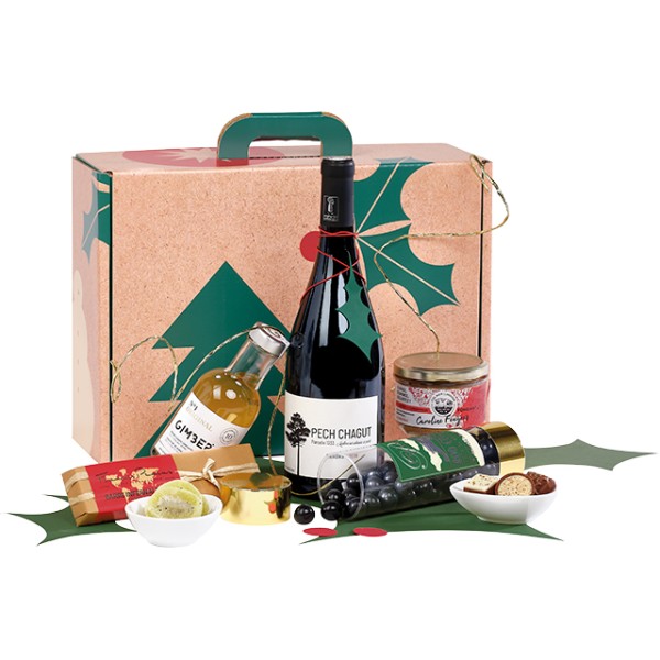 Maleta cartón kraft rectangular NAVIDAD NATURAL kraft/rojo/verde