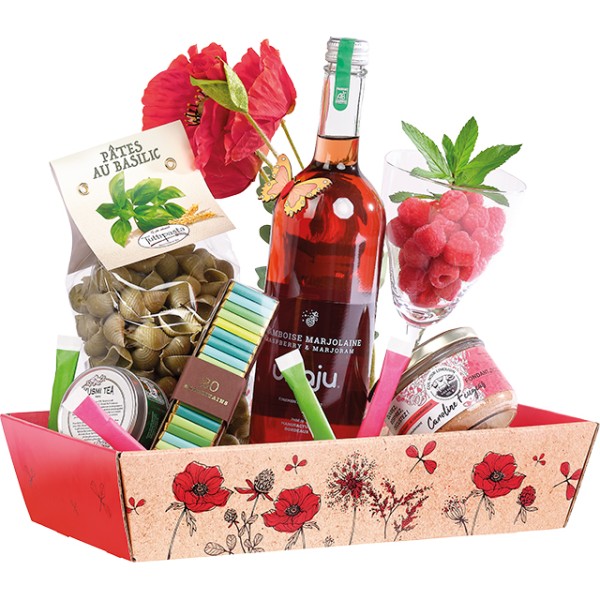 Corbeille carton rectangle EVEIL CHAMPETRE kraft/rouge livraison à plat ( dim. corbeille montée)