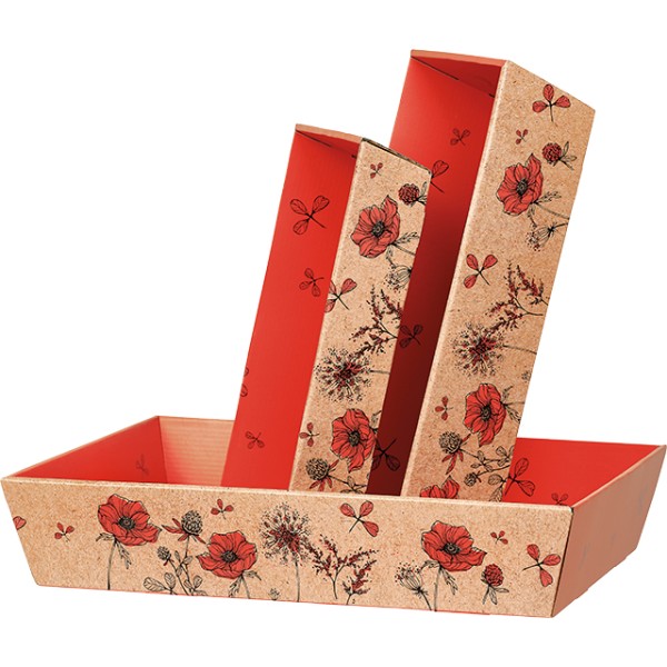 Corbeille carton rectangle EVEIL CHAMPETRE kraft/rouge livraison à plat ( dim. corbeille montée)