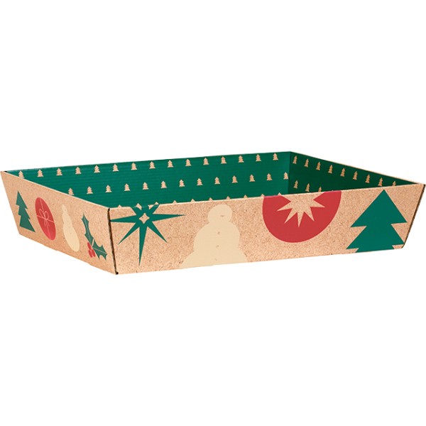 Tray cardboard rectangular NATURAL CHRISTMAS kraft/red/green delivered flat