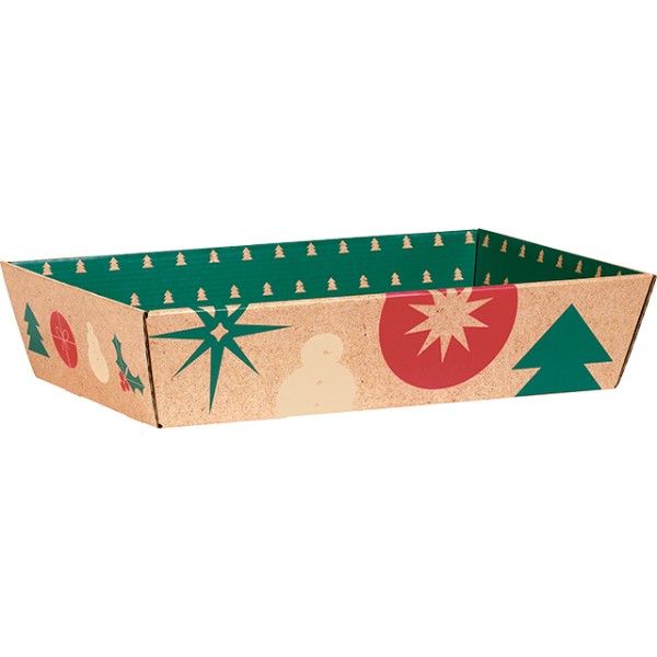 Tray cardboard rectangular NATURAL CHRISTMAS kraft/red/green delivered flat
