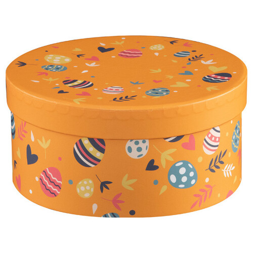 Coffret carton rond orange décor Pâques