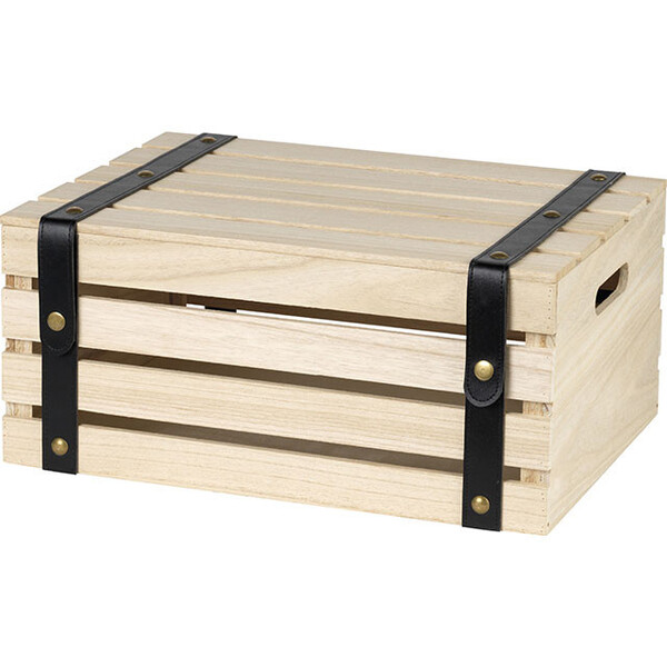 Caja madera rectangular negra con cintas simil piel boton presión bronce