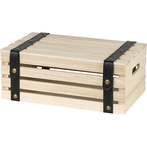 Caja madera rectangular negra con cintas simil piel boton presión bronce