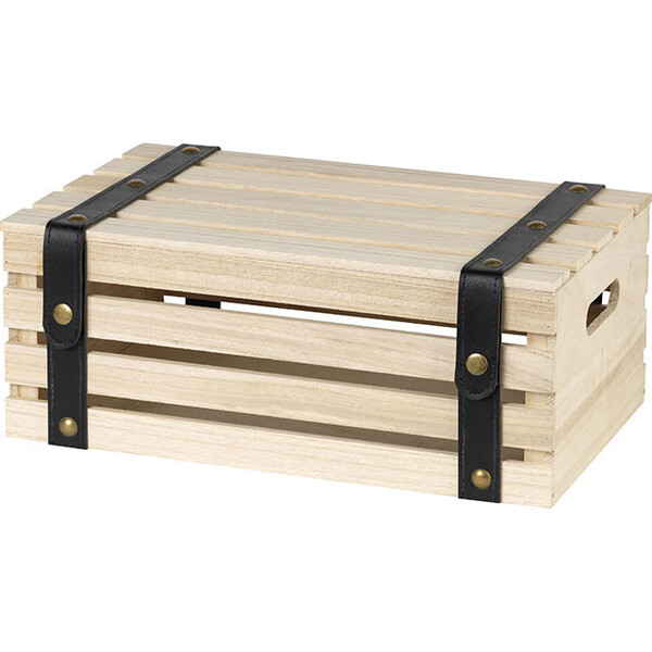 Caja madera rectangular negra con cintas simil piel boton presión bronce