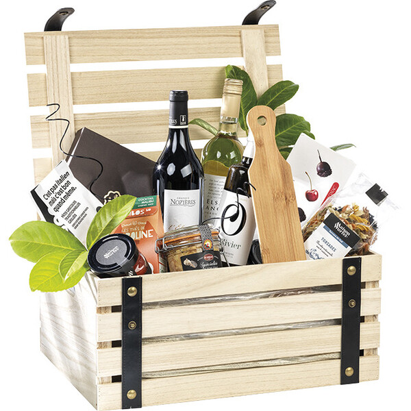 Caja madera rectangular negra con cintas simil piel boton presión bronce