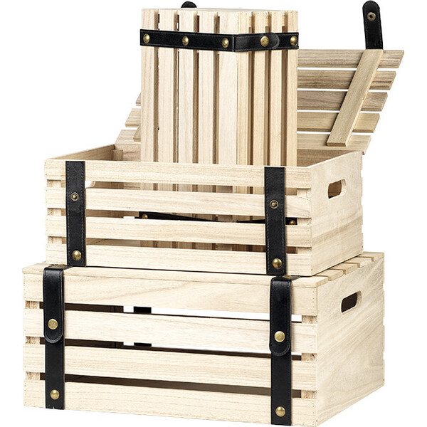 Caja madera rectangular negra con cintas simil piel boton presión bronce