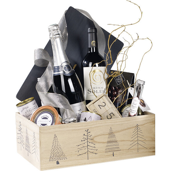 Caixa madeira retângula natural/cinza/desenho de árvores