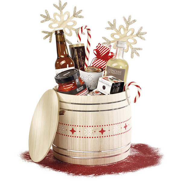 Coffret bois forme tonneau nature motifs rouge/blanc-Les Bonnes Affaires 2026