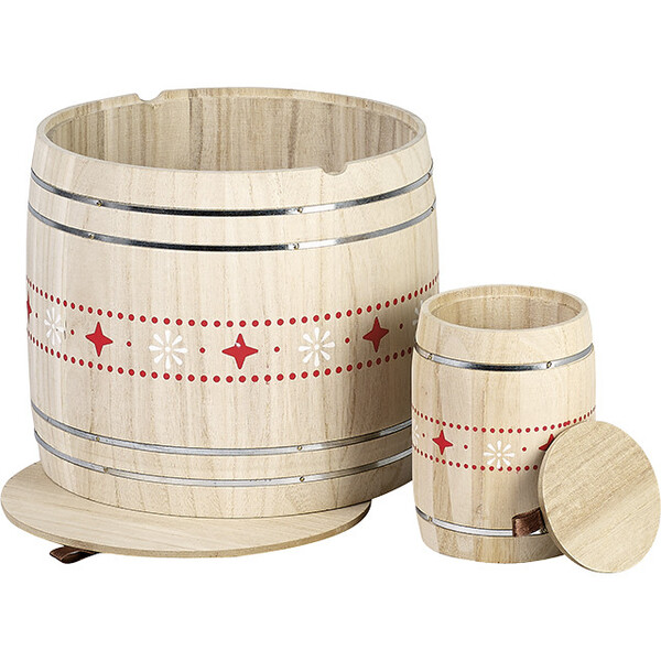 Coffret bois forme tonneau nature motifs rouge/blanc-Les Bonnes Affaires 2026