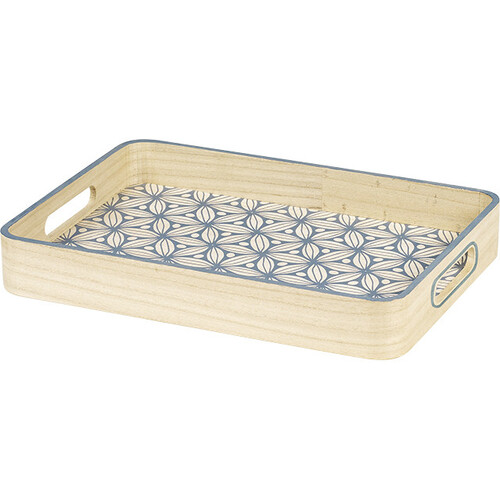 Tray wood rectangular round corners grey flower design